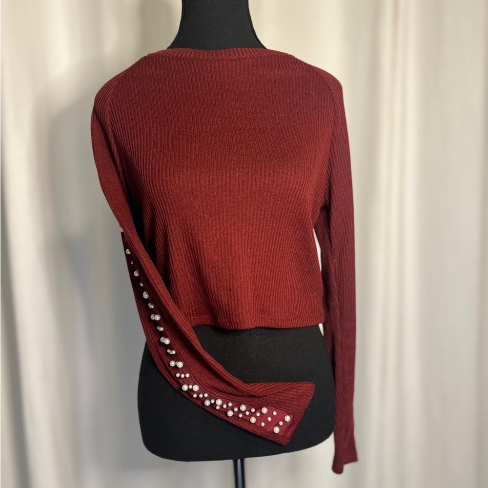H&M Burgundy Long Sleeve Top with Pearl Details